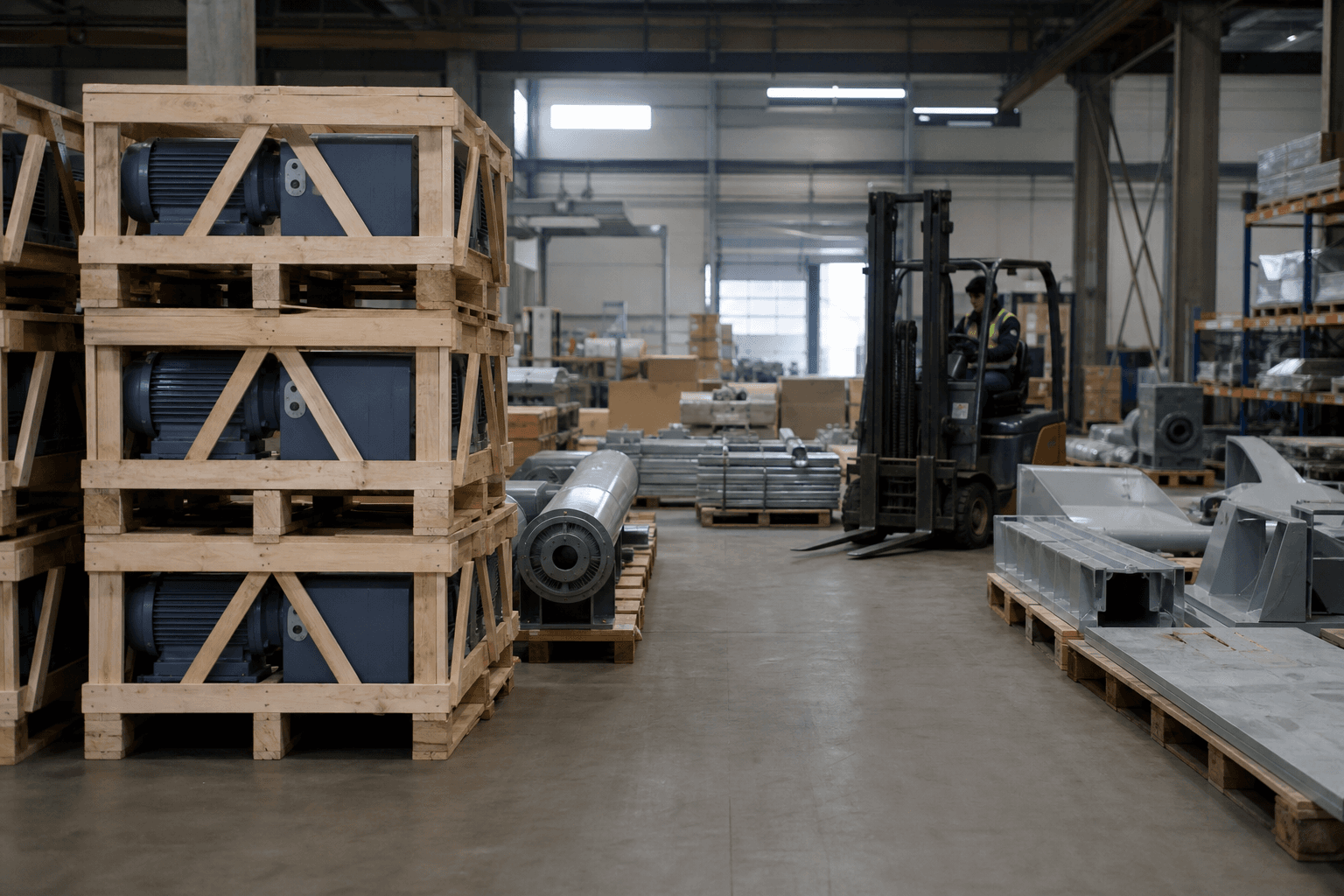 Solar component warehouse with palletized parts and equipment