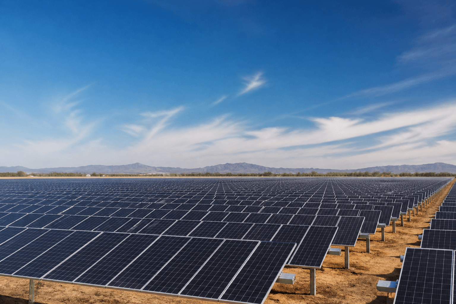 Expansive solar array under clear sky
