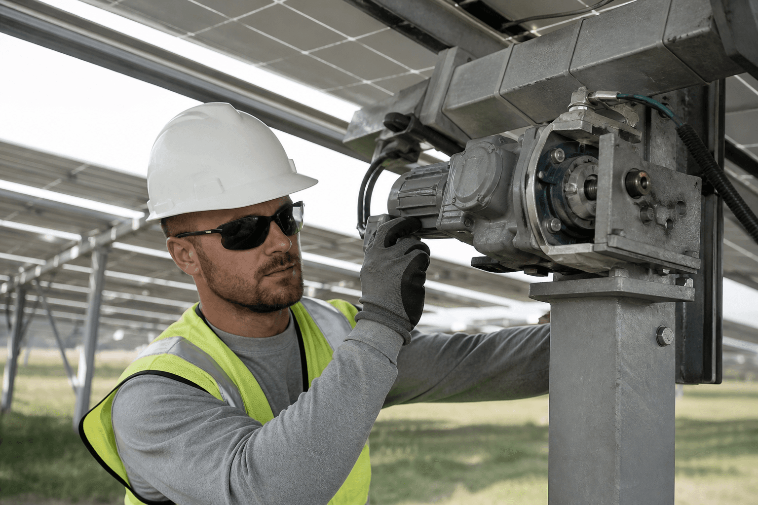 Technician inspecting equipment under an operating solar array