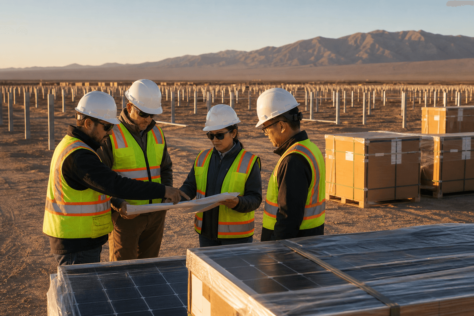 Project teams reviewing plans beside solar construction materials