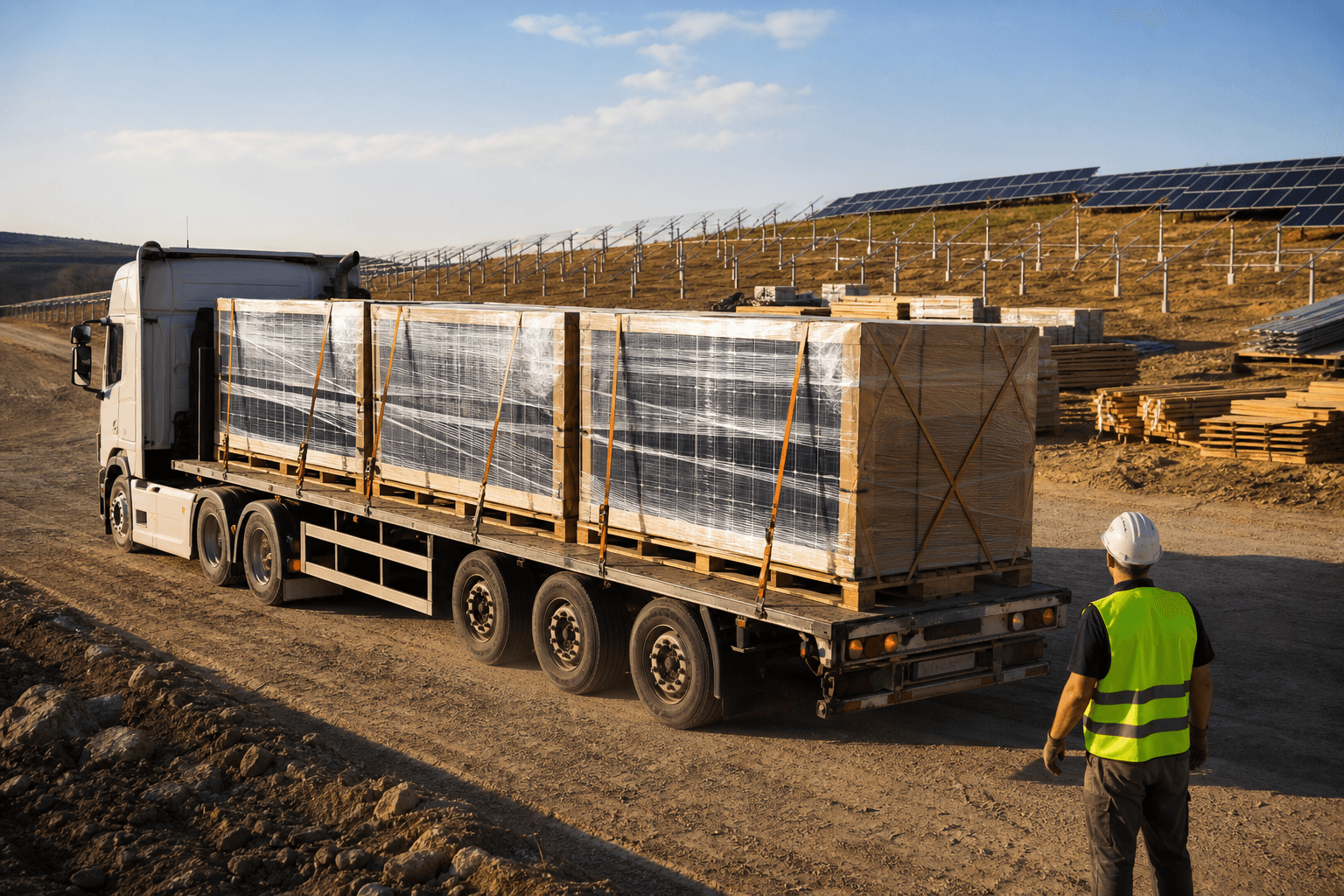 Truck delivering solar modules to a project staging yard